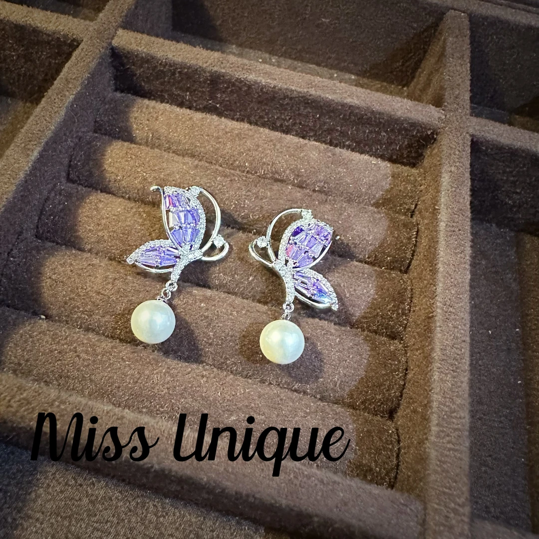 B1714一对紫色蝴蝶珠珠耳环