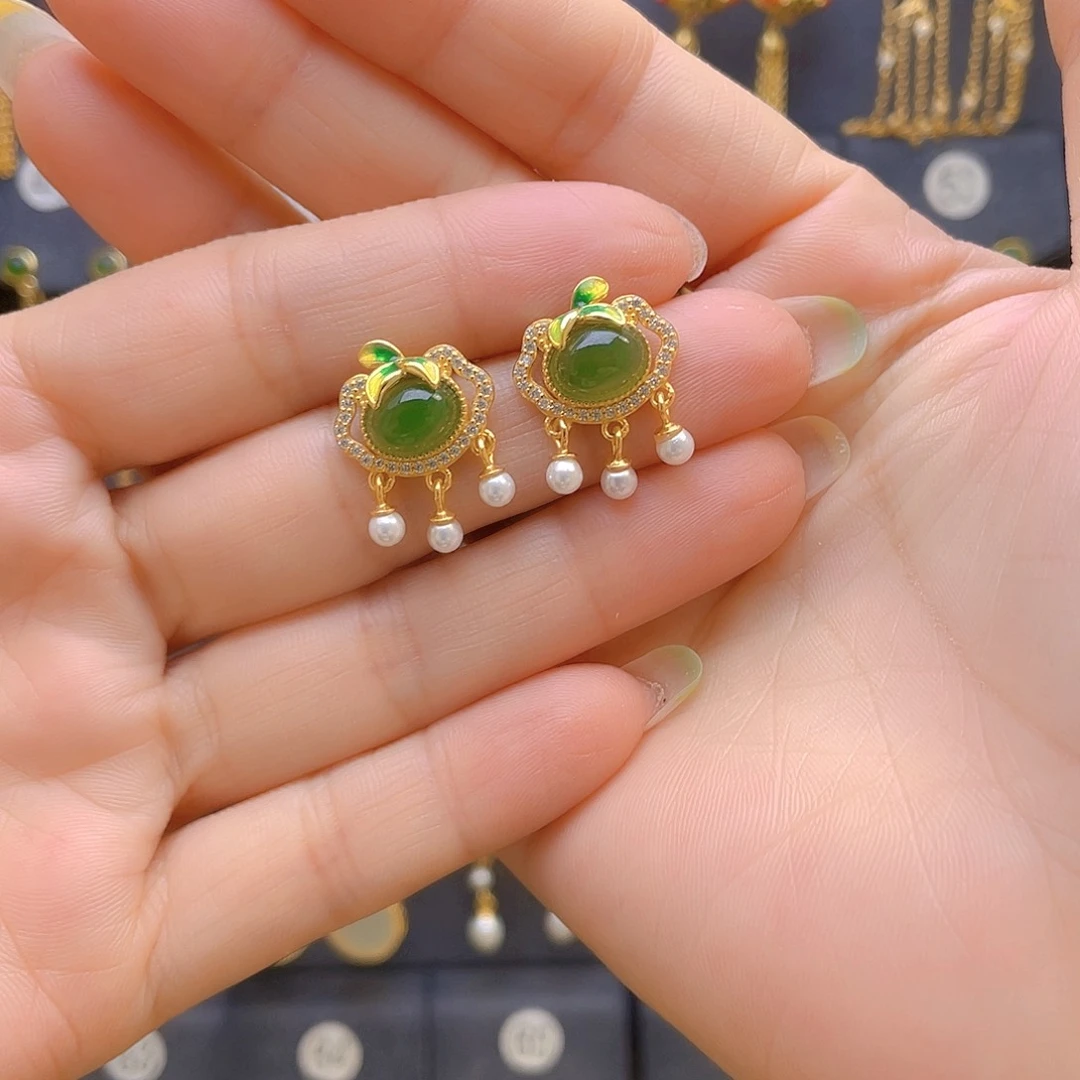 和田玉银S925镀金镶嵌耳饰