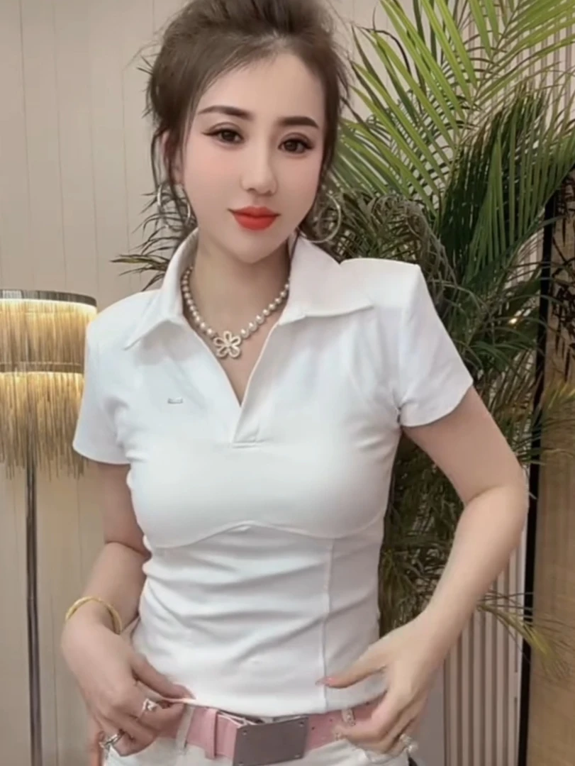POLO领立体装饰短袖气质风纯色T恤显瘦休闲夏季修身韩版打底衫潮