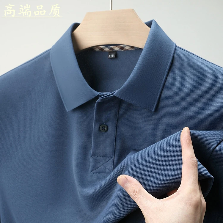 夏季男士短袖T恤 中年男士高端桑蚕丝翻领纯色亲肤透气短袖体恤x