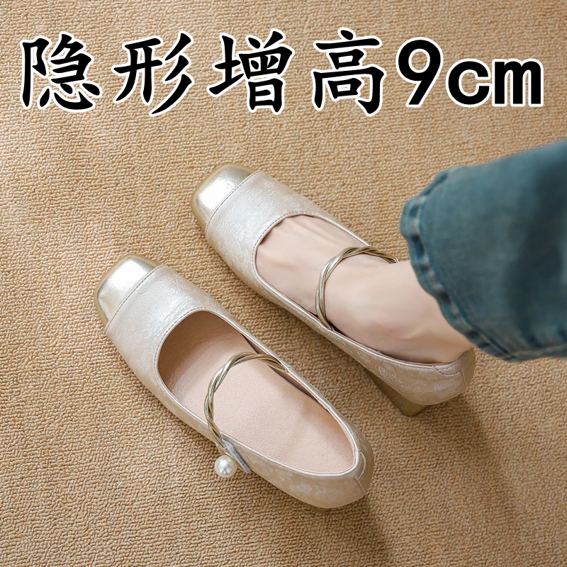 牛皮版~国风内增高玛丽珍鞋女夏小个子高跟旗袍鞋新中式浅口单鞋