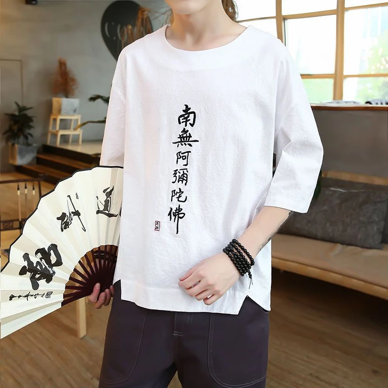 T45中国风亚麻汉字刺绣t恤短袖夏季潮牌半袖体恤大码宽松棉麻上衣