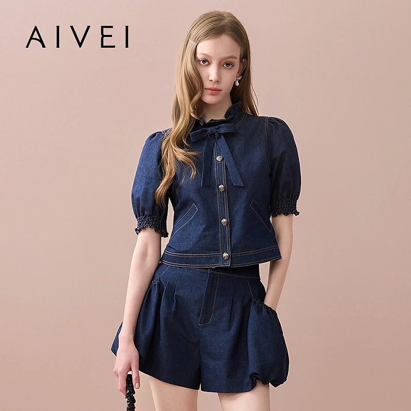 AIVEI欣贺艾薇2025新少女甜美风泡泡短袖牛仔上衣XRV5S29A