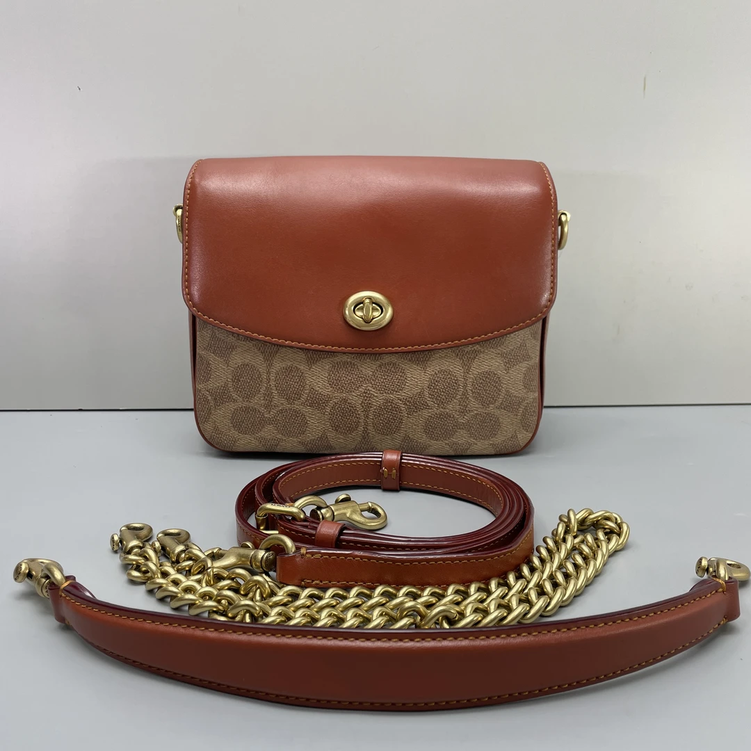 90新 COACH/蔻驰 cassie19红棕老花邮差包19x16x8cmMB073009