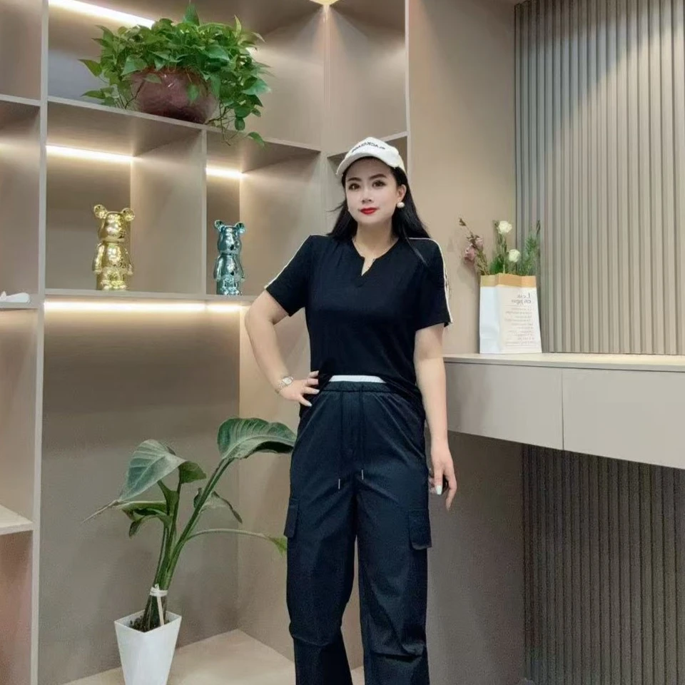 夏季半袖-甜 3749时尚休闲运动白条减龄百搭显瘦胖MM大码女装新款