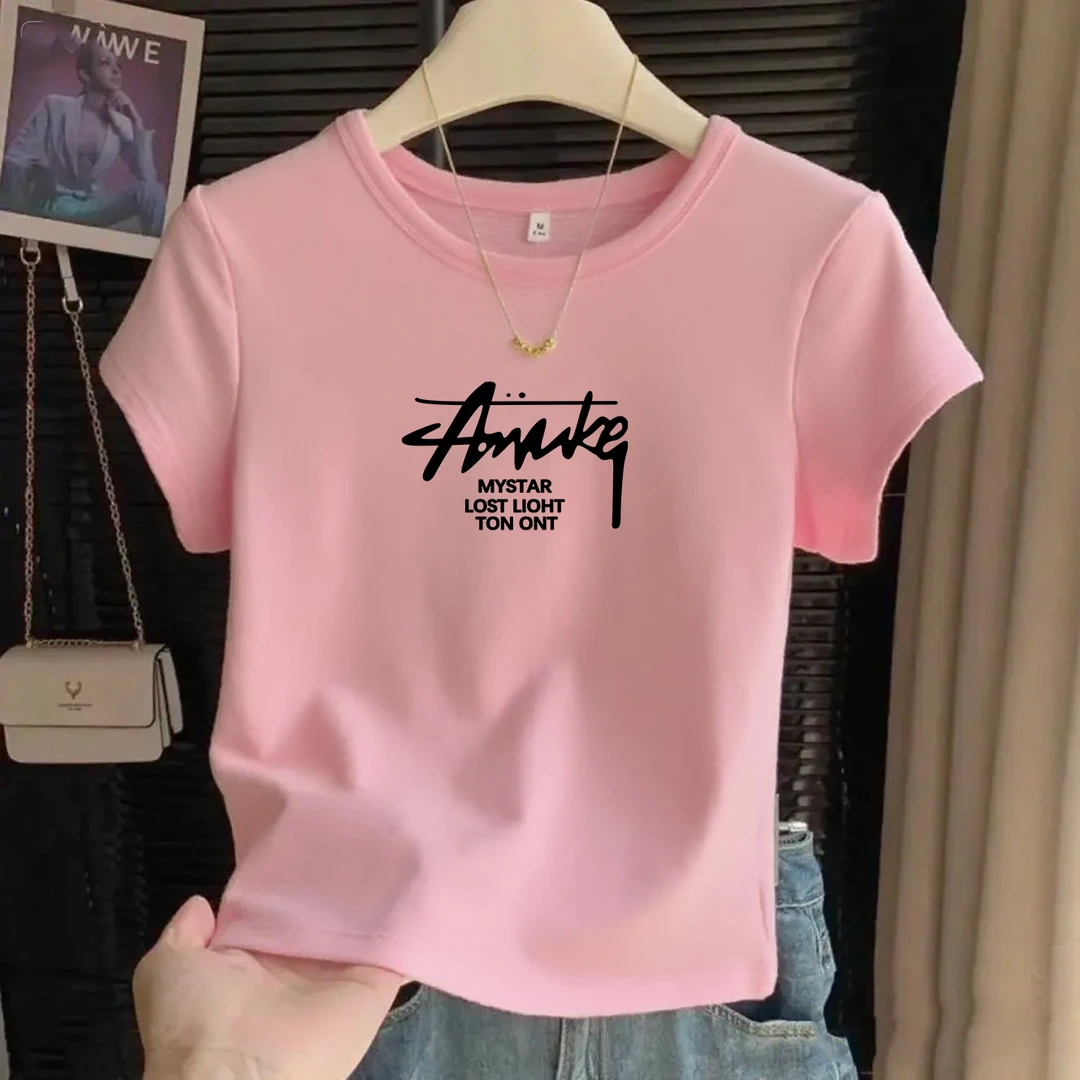 简约圆领基础正肩短袖T恤女新款修身显瘦辣妹短款ins粉色上衣打底