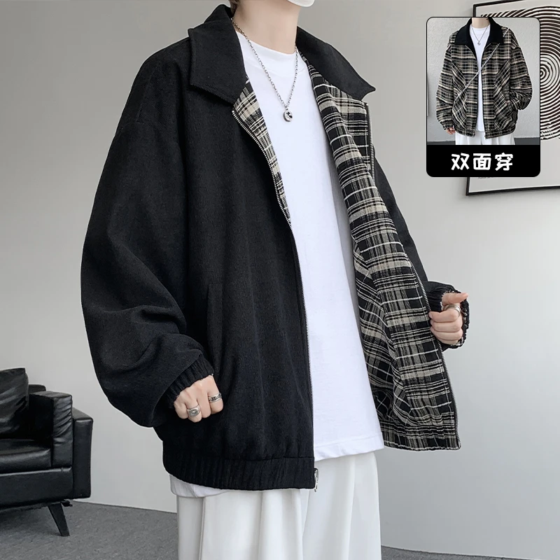 双面穿复古格纹哈灵顿翻领夹克男女秋季潮牌情侣百搭外套