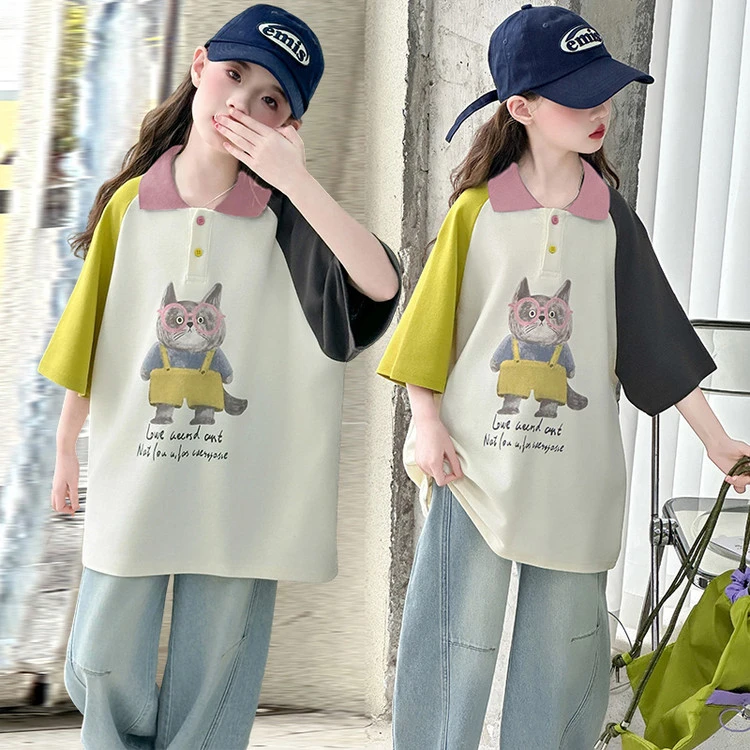 女童夏季短袖T恤套装2025新款女大童POLO衫上衣夏装牛仔裤两件套