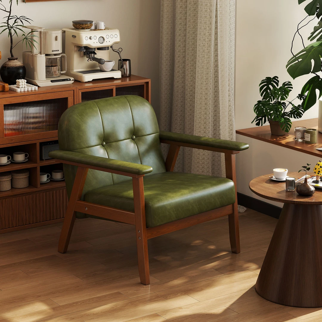 复古风油蜡皮单人椅实木沙发椅客厅阳台靠背椅书房沙发椅绿色沙发