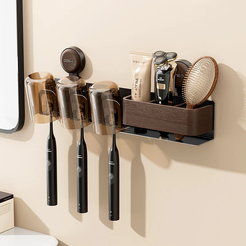 牙刷置物架吸盘壁挂免打孔浴室卫生间漱口杯牙杯牙膏收纳架中古风