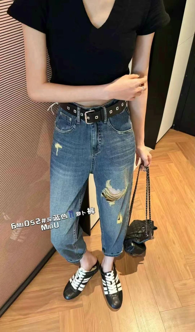 6m1052-H夏季薄款梨形身材高腰宽松磨破洞显瘦小个子萝卜裤