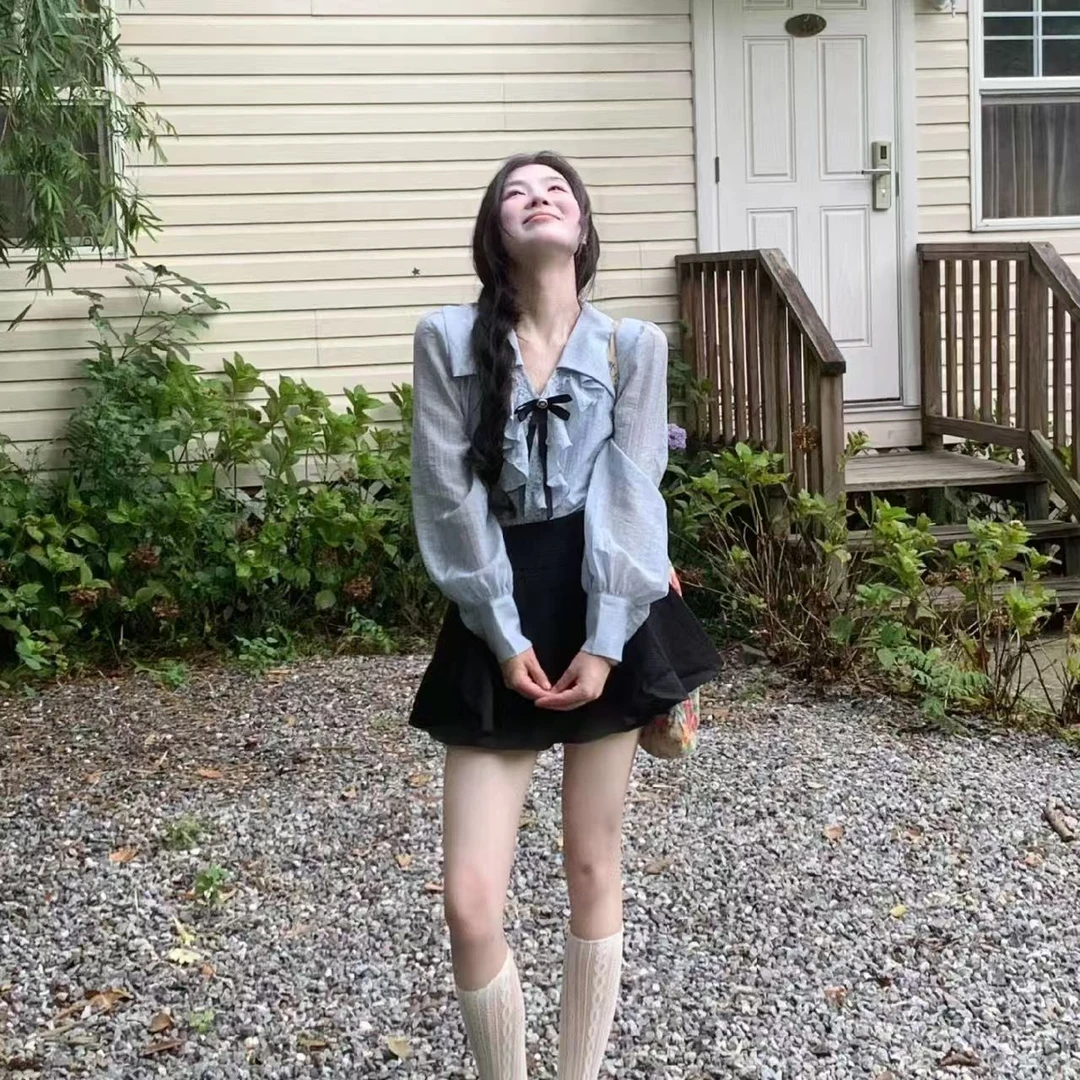 叮叮家【诺丁山书店】高级感荷叶领学院风衬衫上衣+黑色半裙