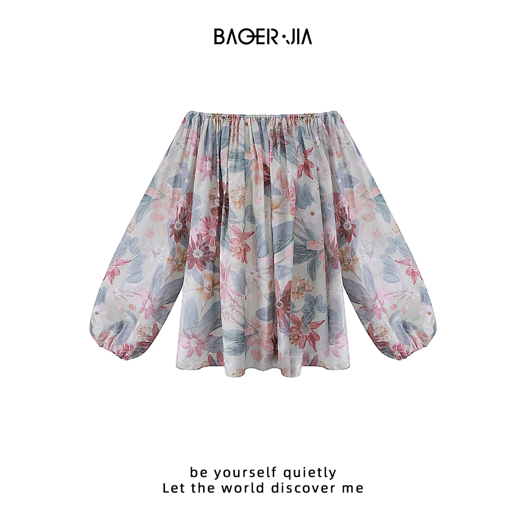 1-【飘逸】宝儿家含幂BK91025204夏季款真丝前后两穿一字肩印花衬衣