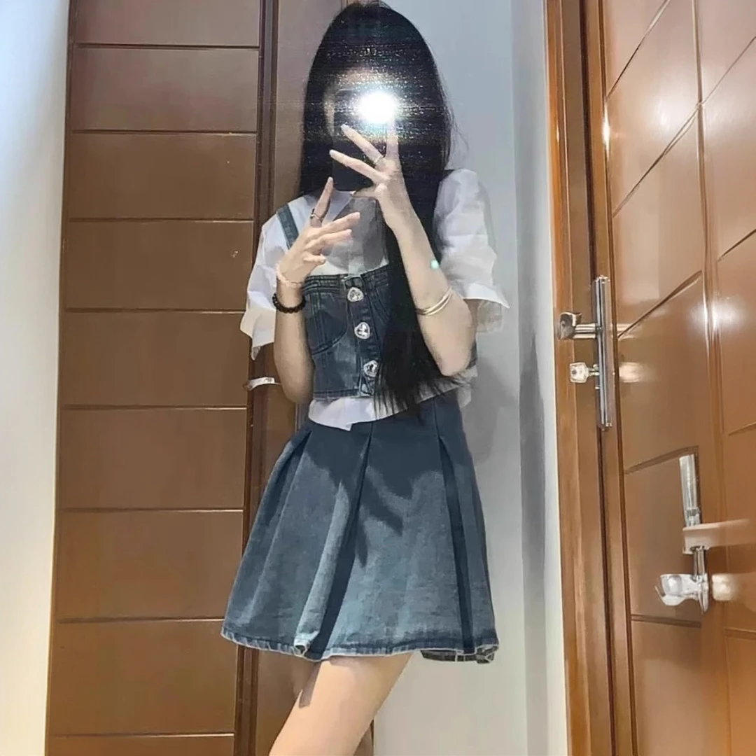 复古chic牛仔套装裙女夏款小个子吊带背心短袖衬衫半身裙子三件套