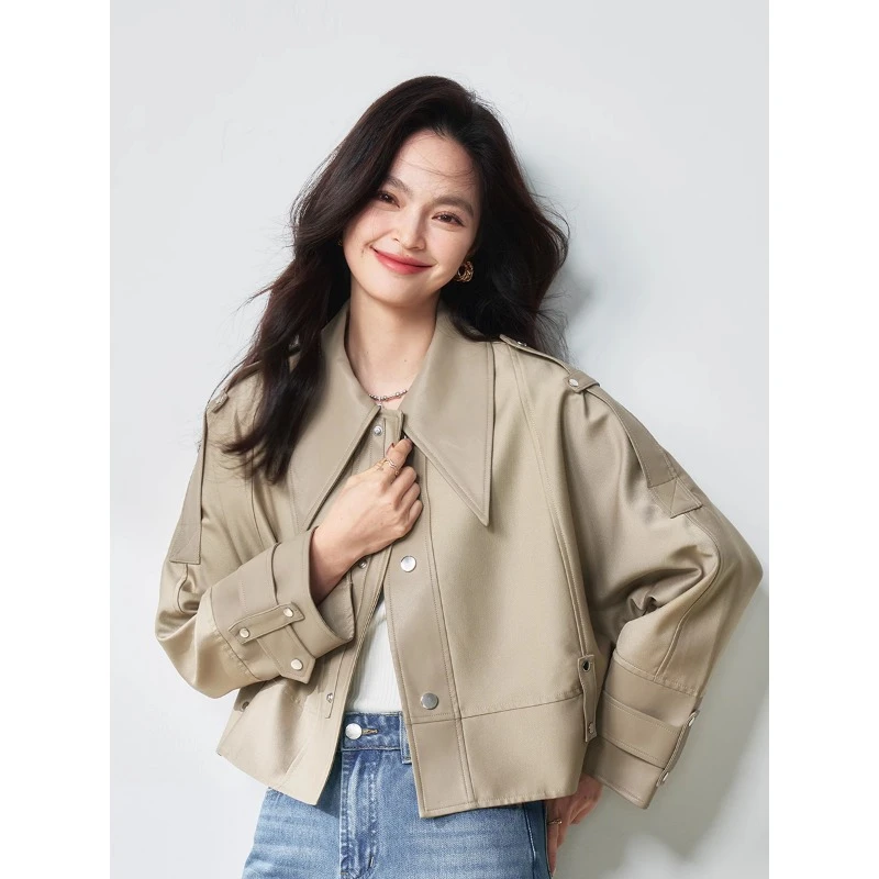 0375春秋夹克外套女美洋短风衣斜纹皮小个子机车翻领短款美式酷飒