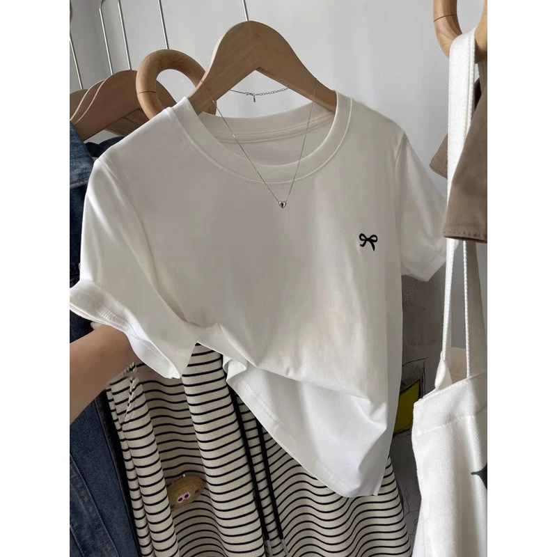 正肩短袖t恤女2025夏季新款今年流行蝴蝶结印花大码胖mm显瘦上衣