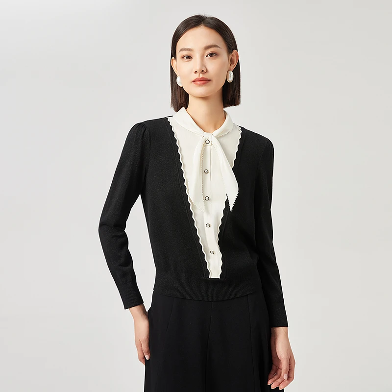 【静奢优雅】娜尔思绵羊毛长袖针织衫撞色设计气质秋季NZ05264W0