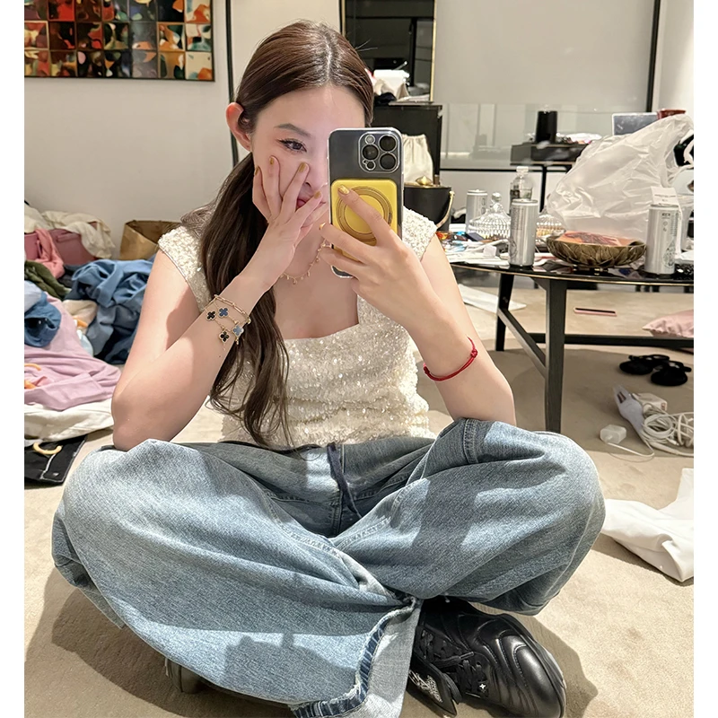 tingtings【优越裤型】串绳复古宽松阔腿牛仔裤女休闲拖地长裤