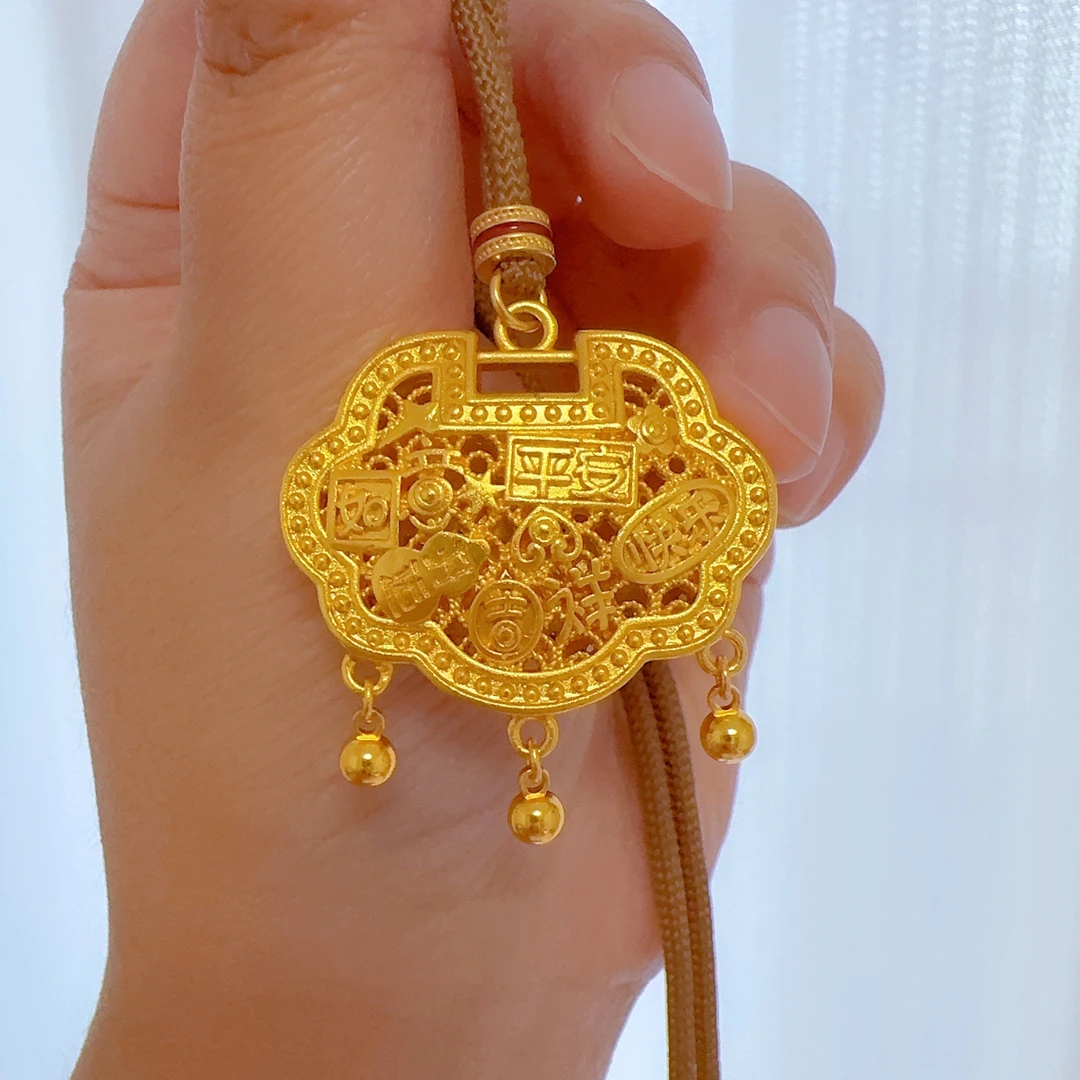 吊坠足银 坠链均足银 镶嵌吉言铃铛锁包