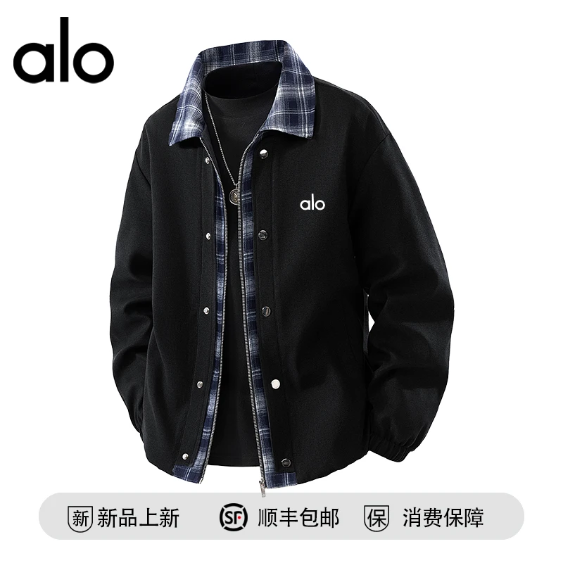 【官方奥特莱斯】品牌折扣 格纹拼接翻领夹克男春秋季潮牌复古外套