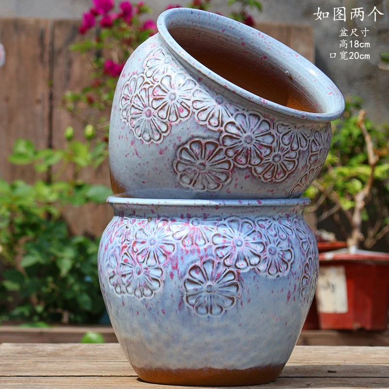 手工刻绘大口径粗陶透气花盆户外家用多肉老桩绿植月季三角梅花盆