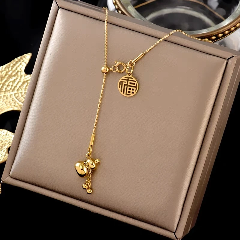 钛钢项链 中国风福字葫芦项链可抽拉锁骨链复古小众文艺风love