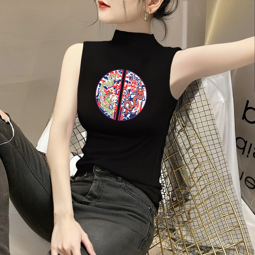 黑色莫代尔半高领中国风印花吊带背心女内搭夏季打底外穿显瘦上衣