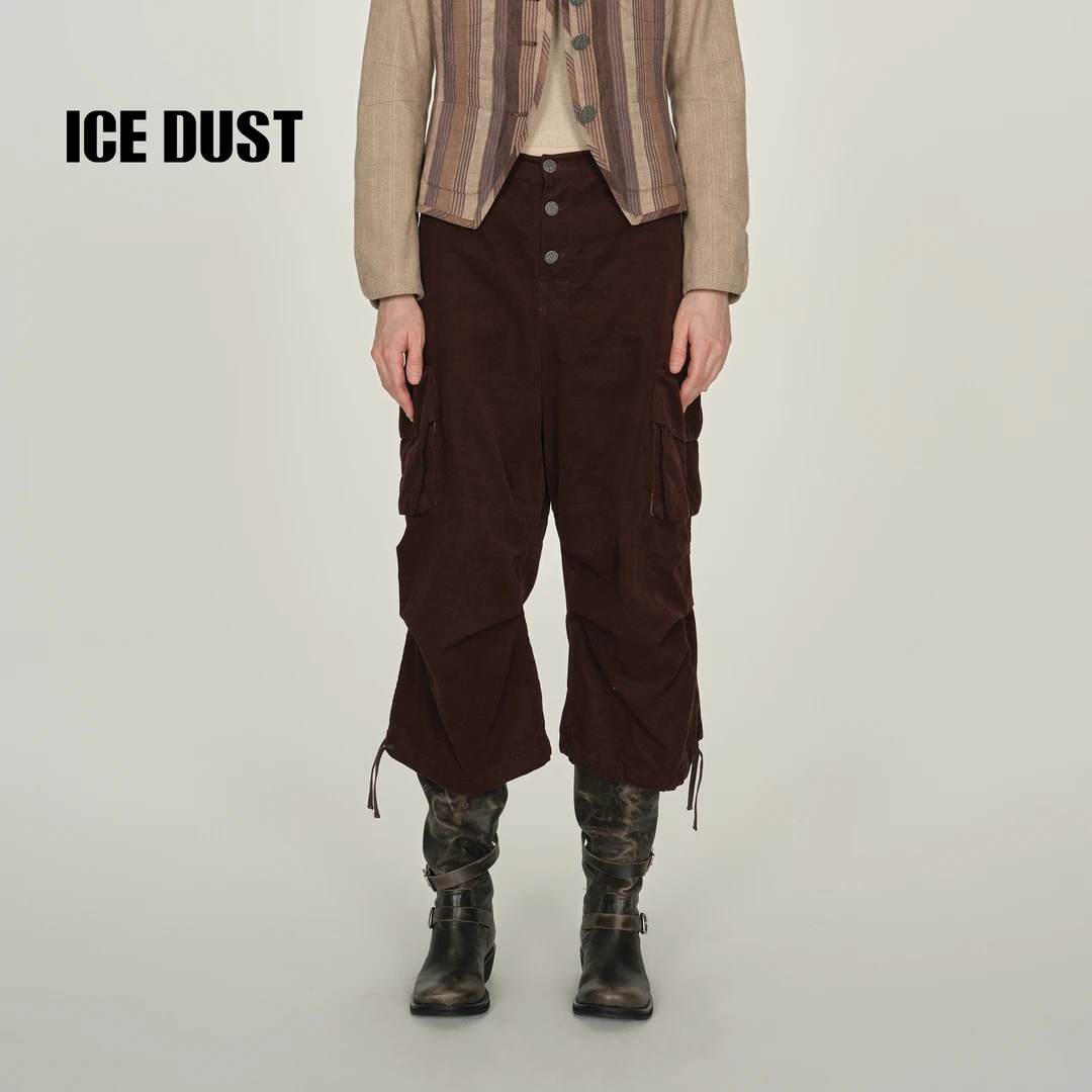 ICE DUST灯芯绒抽绳工装八分裤女25PF秋季大口袋复古宽松阔腿裤子