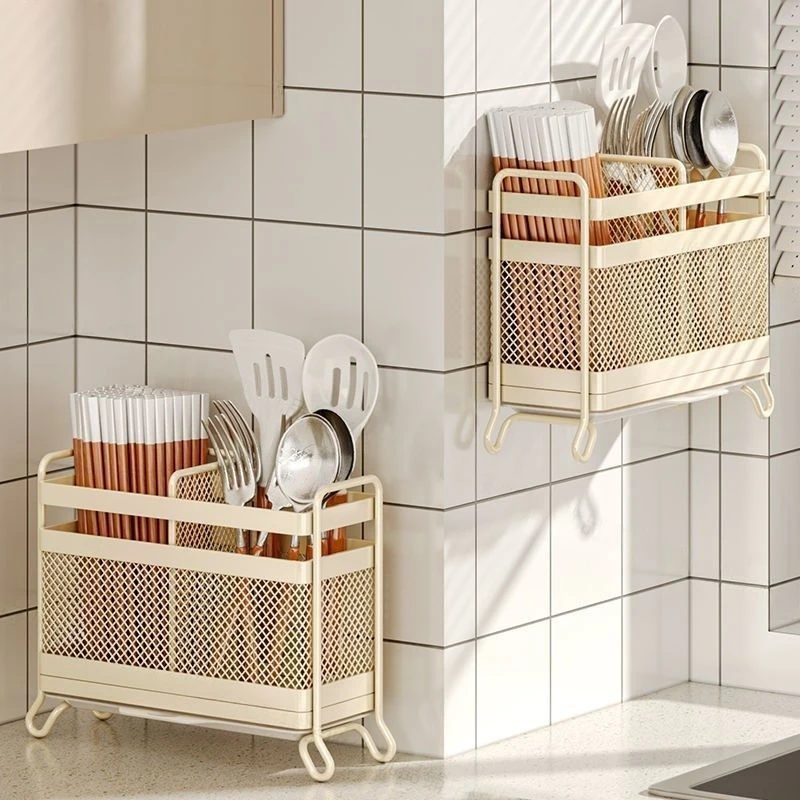 筷子收纳盒厨房置物架免安装一体壁挂式家用筷筒筷笼餐具沥水架LQ