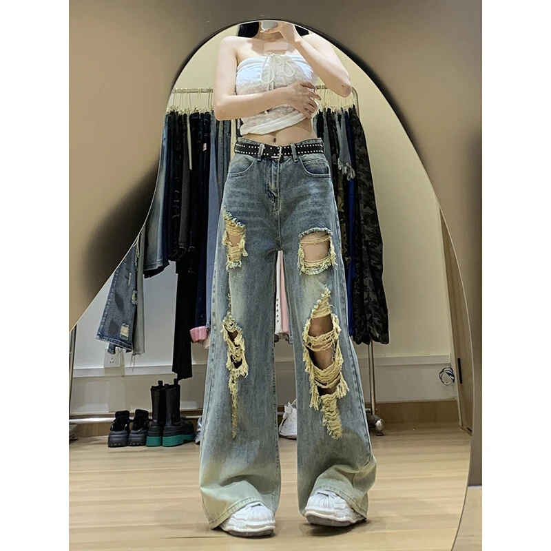 大码水洗高腰直筒牛仔裤女夏季新款破洞设计宽松阔腿百搭拖地长裤