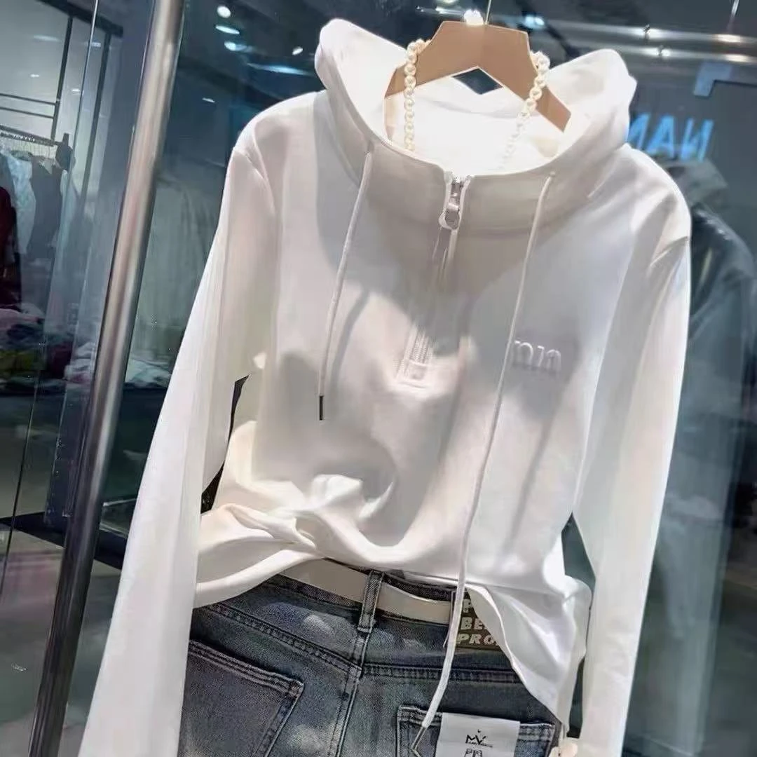 大码女装-25201T恤连帽宽松德容长袖字母拉链拼接百搭休闲时尚