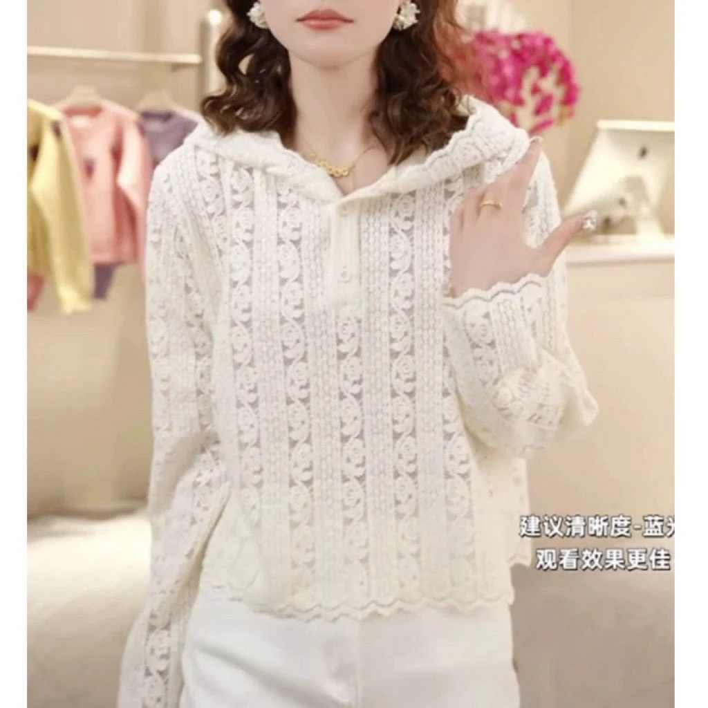 大码高级感连帽蕾丝针织打底衫女装春季2025年新款上衣设计感帽衫