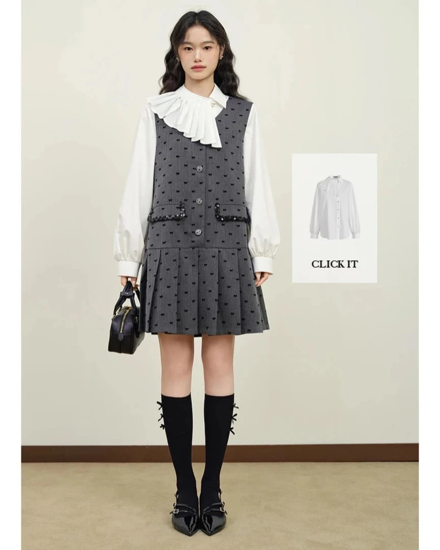 无袖吊带背心连衣裙女2025春季新款波点百褶短裙时尚两件套裙