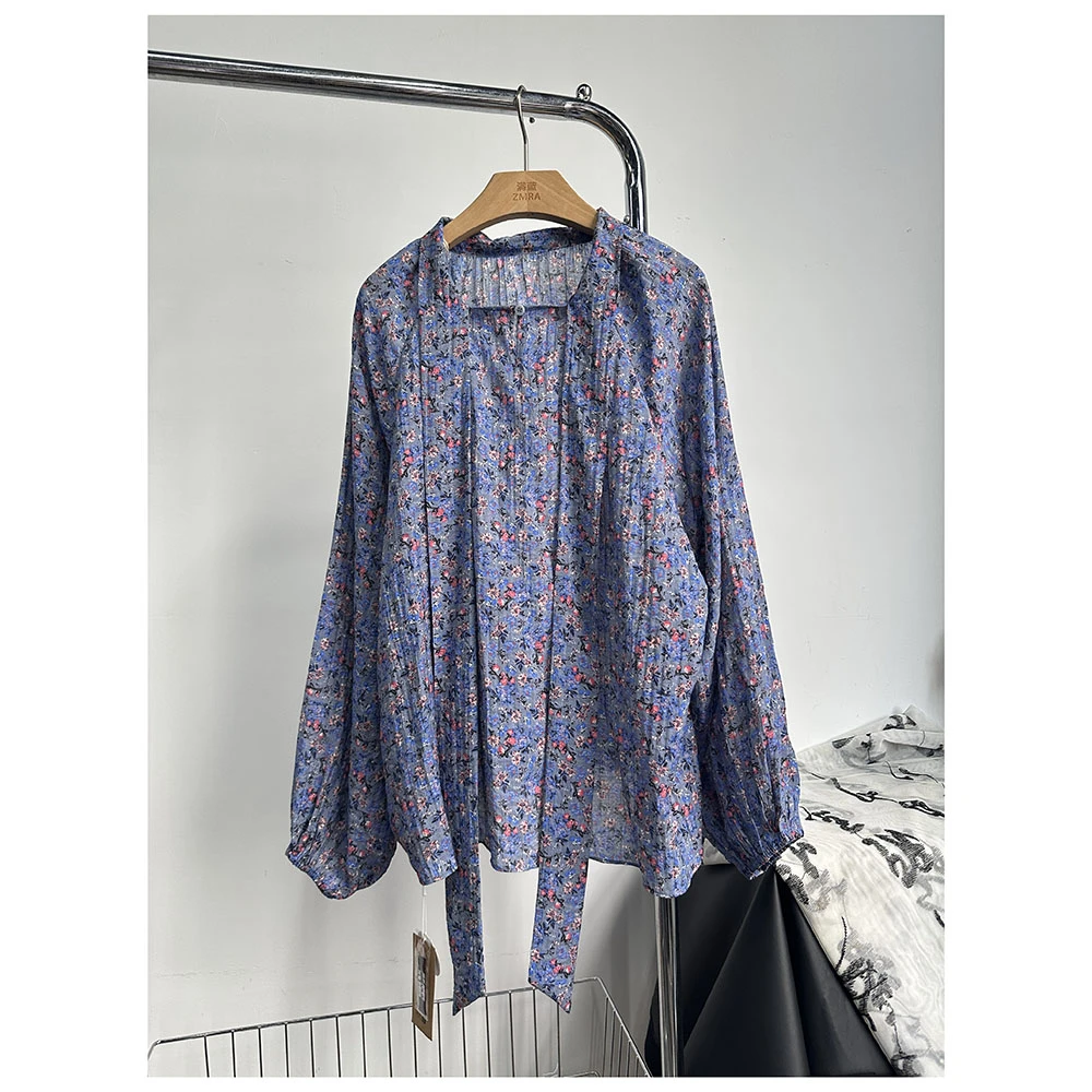 C147 秋季新款女士时尚百搭花色系带长袖衬衫女