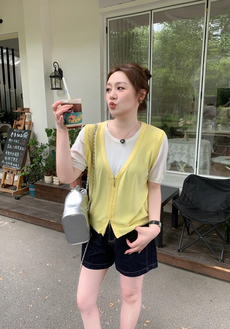 NANJIE/楠姐【多彩之夏】莱赛尔韩系假两件显瘦拼接短袖上衣XNS6365