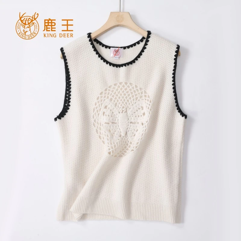 编号kd008鹿王女圆领100山羊绒重工镂空勾花针织背心马甲 厚