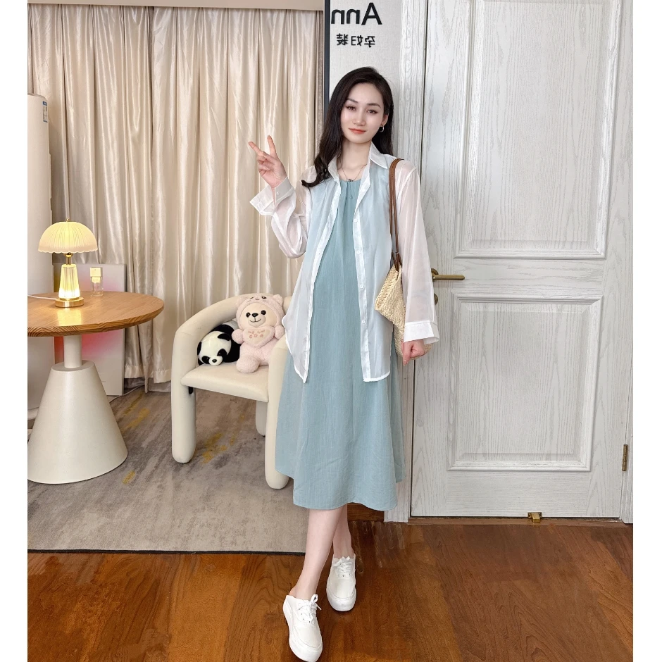 Ann&tens【清透雪碧】夏款简约休闲风孕妇套装纯色背心裙设计感衬衫