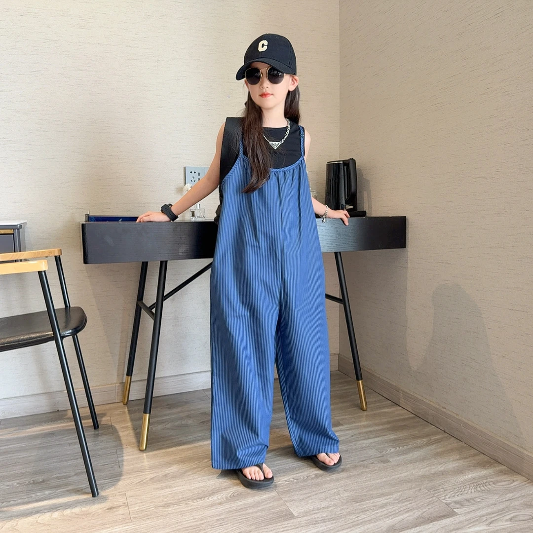 女童夏装套装2025新款大儿童背心女孩韩系休闲高级感背带裤两件套