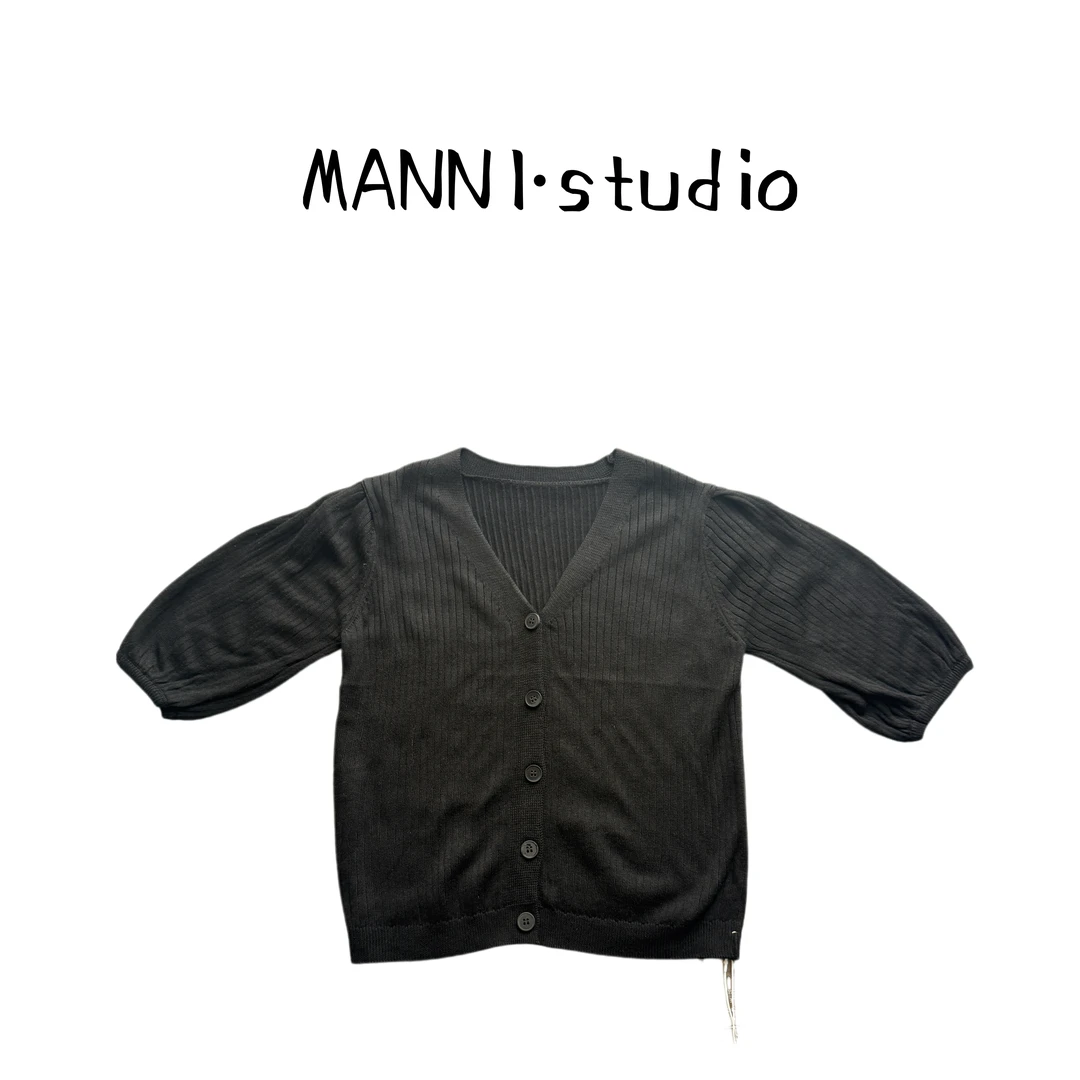 MANNI  百搭圆领三分袖时尚提花薄款镂空毛针织衫4007