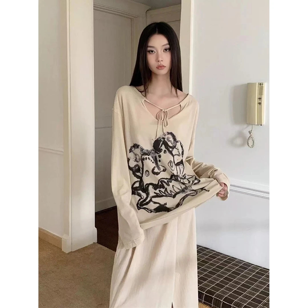 【3】-【小怪兽】趣味印花长袖T恤女新款甜酷风小众宽松慵懒chic上衣