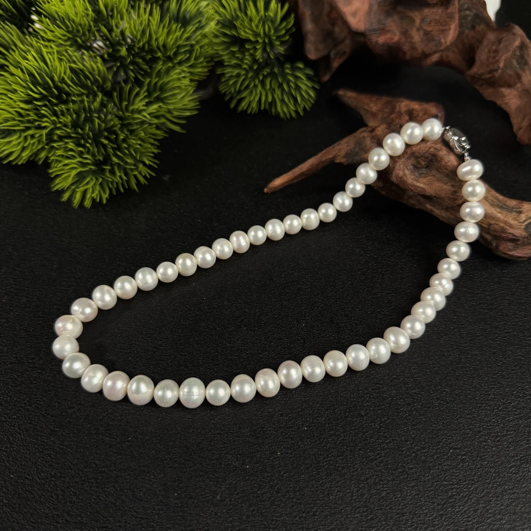 约10mm珍珠近圆珠S925银元宝扣项链