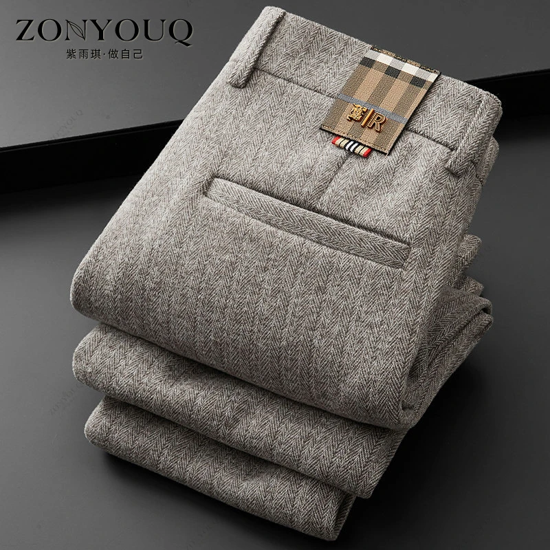 休闲裤男冬季加厚保暖羊毛西裤修身直筒长裤大码商务舒适柔软长裤