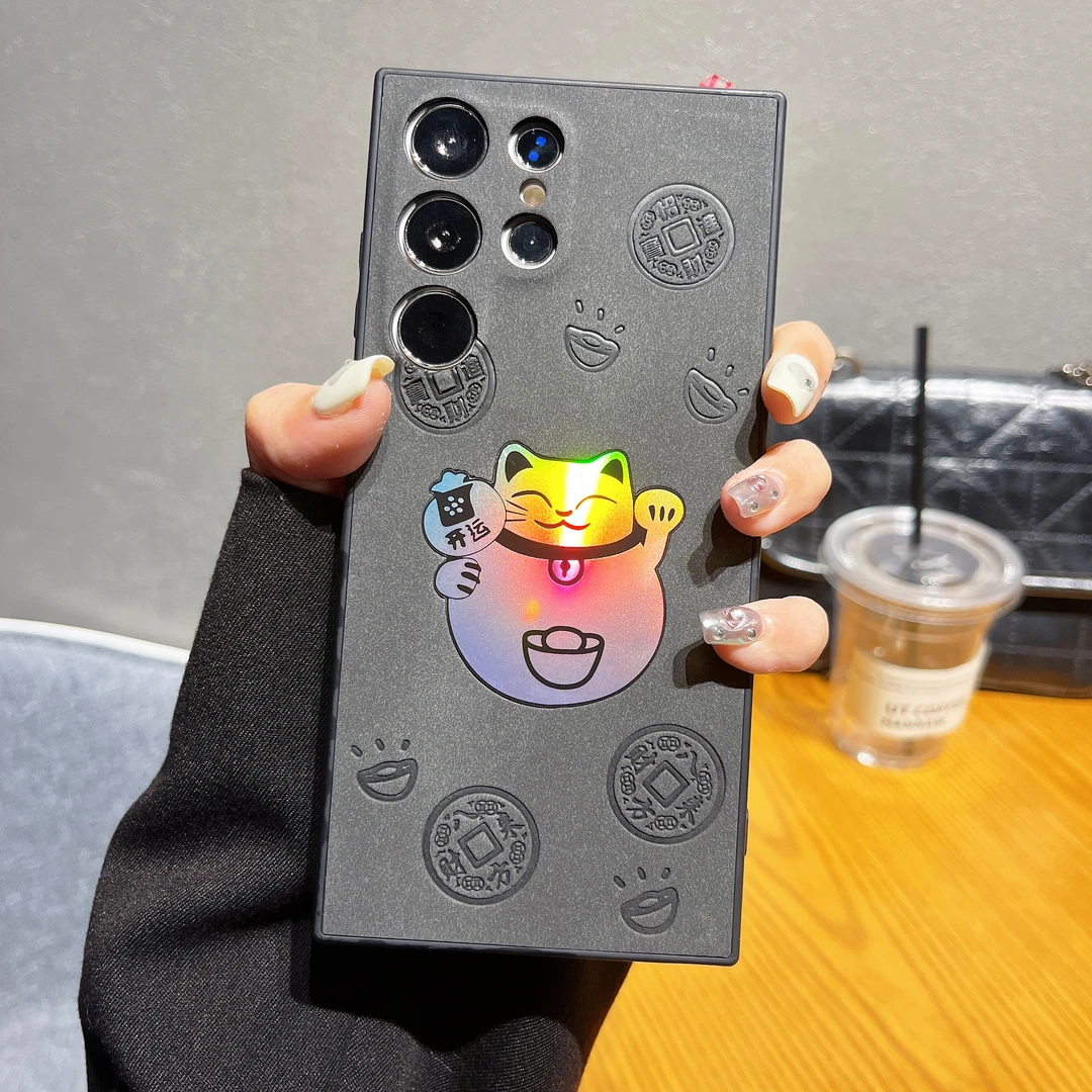镭射翻毛皮招财猫适用三星S23ultra手机壳新年款s25u情侣s24ultra