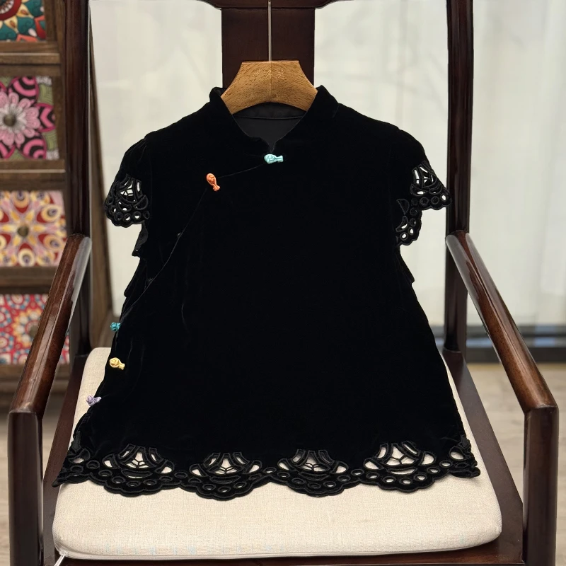 【墨纭】新中式桑蚕丝真丝丝绒短袖立领上衣夏季日常国风镂空T恤女