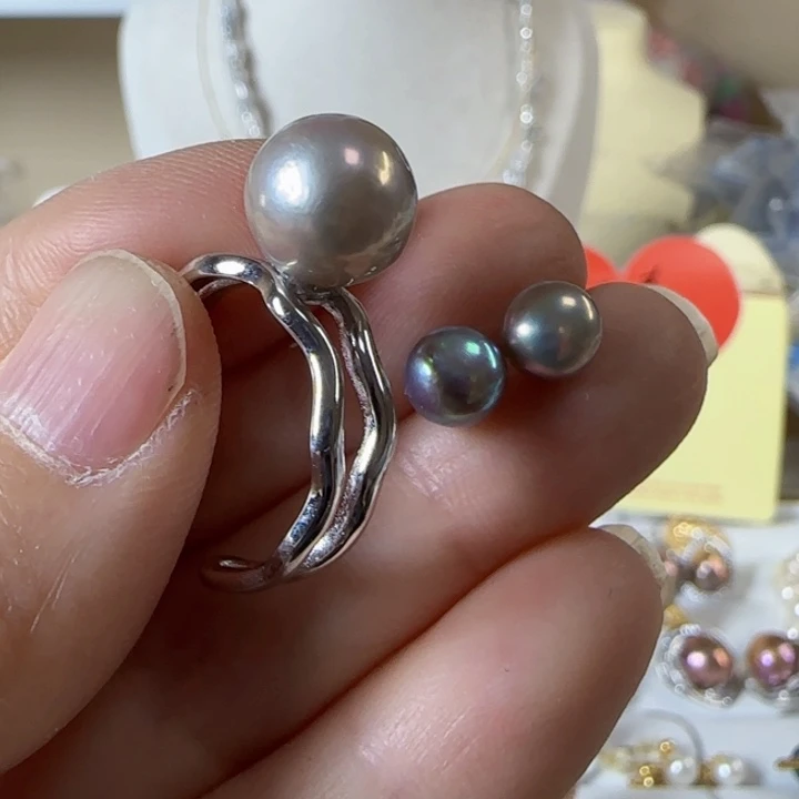 淡水珍珠巴洛克戒指加素钉有纹厚银银S925镶嵌羽*
