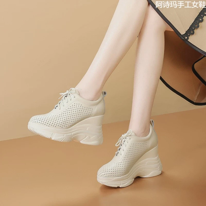 松糕厚底休闲鞋女款春秋坡跟深口单鞋洞洞小个子增高英伦风小皮鞋