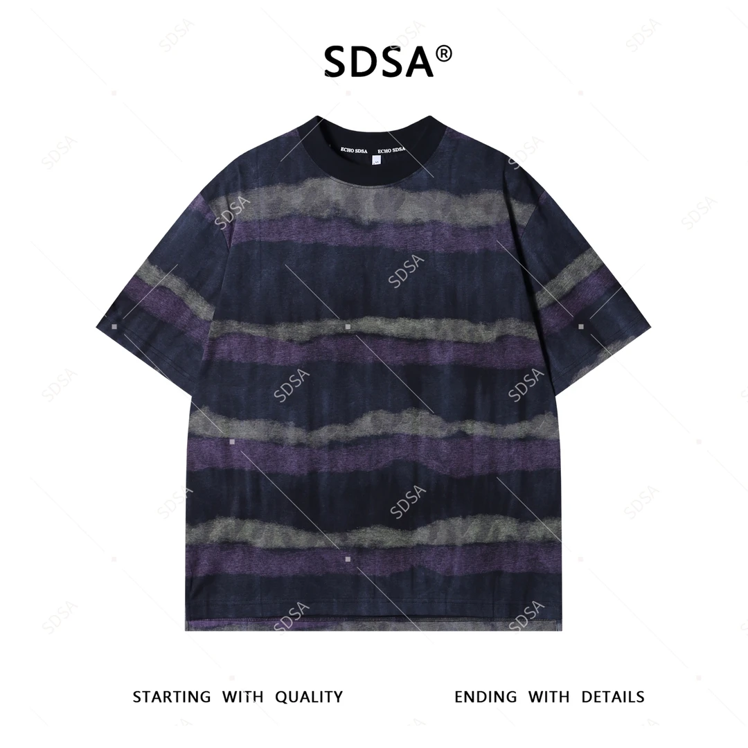 SDSA男士短袖t恤2025新款轻痞帅男装撞色条纹设计网红款圆领上衣