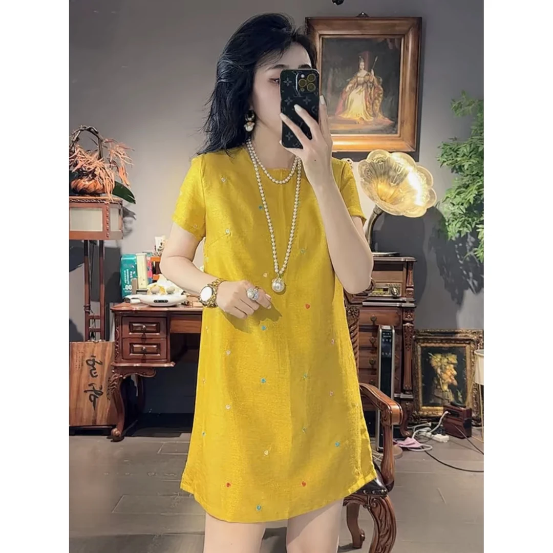 夏季新款重工韩版时尚简约刺绣印花亮丝彩色爱心百搭显瘦连衣裙