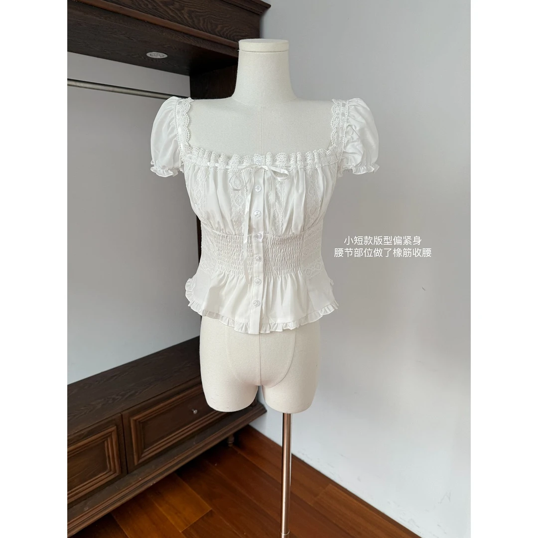 白玫奶芙泡泡袖雪纺衫女夏季2025新款修身纯欲氛围感外穿短袖上衣