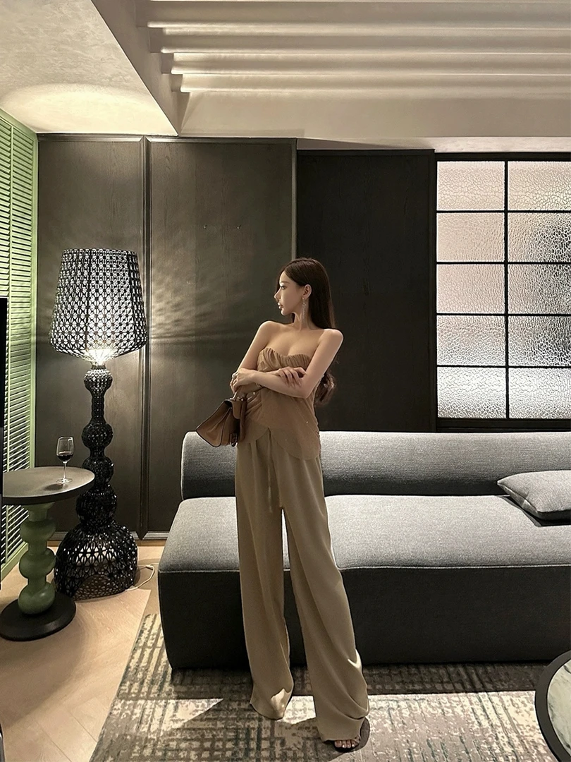 气质高级感一字肩网纱褶皱显瘦性感辣妹抹胸上衣宽松垂感阔腿裤女